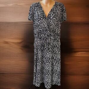 Cj Banks Sheath Dress Sz18W Black White Wrap Bow Midi Jersey Knit Stretch Mature